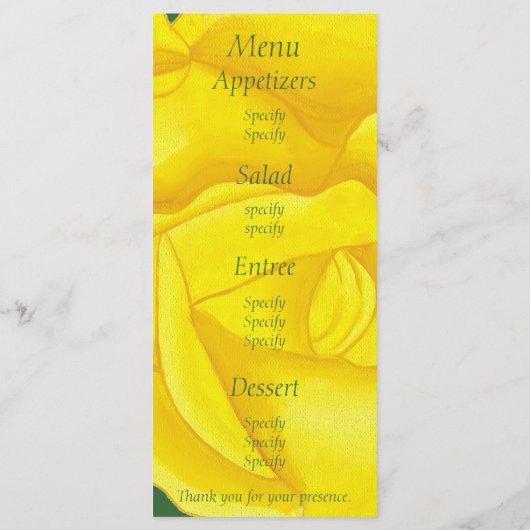 Heldere Gele Roos, aangepaste menukaarten Menu (Achterkant)