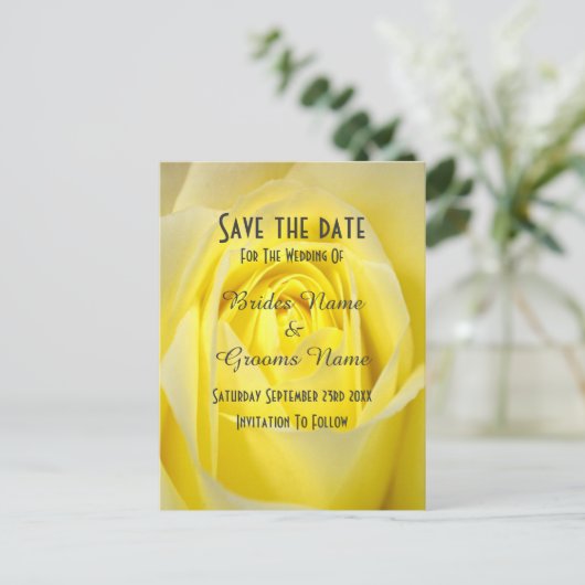 Heldere gele rozenbloem save the date aankondigingskaart (Staand voorkant)