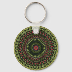Heldere groene zwarte en rode mandala-ontwerp band sleutelhanger