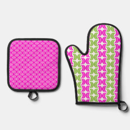 HELDERE HETE ROZE & GROENE GEOMETRISCHE PATRONEN OVENWANT & PANNENLAP SET