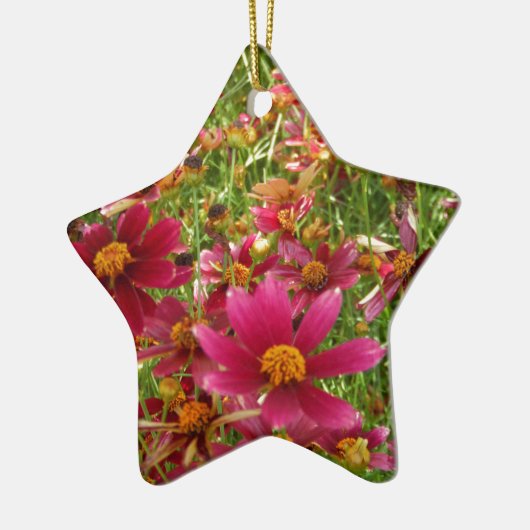 Heldere Hot Pink en gele Daisy bloemen Keramisch Ornament (Links)