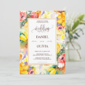 Heldere kleur Retro Bloemen Gouden Moderne bruilof Kaart (Staand voorkant)