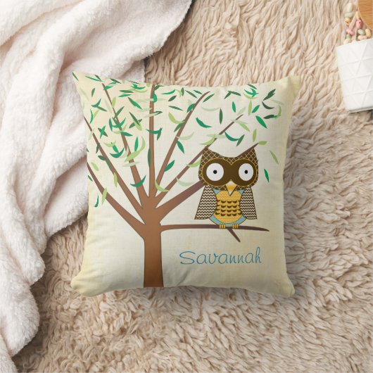 Heldere kleuren Aqua Green Modern Tree en Owl Kussen (Deken)