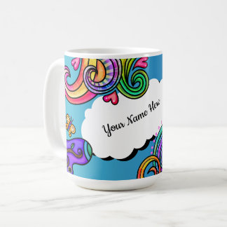 Heldere kleuren, grillige doedels, koffiemok