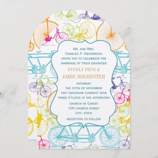 Heldere kleuren met  fietsbruiloft kaart (Voorkant / Achterkant)