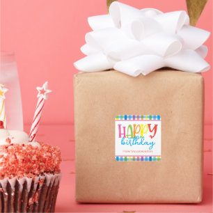 Heldere kleuren Plaid Gelukkige Verjaardag Gift En Vierkante Sticker