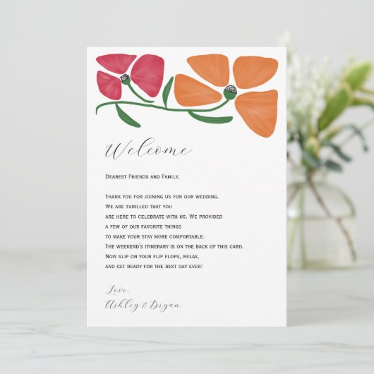 Heldere kleurrijke bruiloft welkomstbrief & route programma (Staand voorkant)