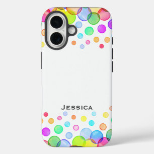 Heldere kleurrijke bubbels gepersonaliseerd wit iPhone 16 hoesje