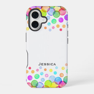 Heldere kleurrijke bubbels gepersonaliseerd wit iPhone 16 hoesje