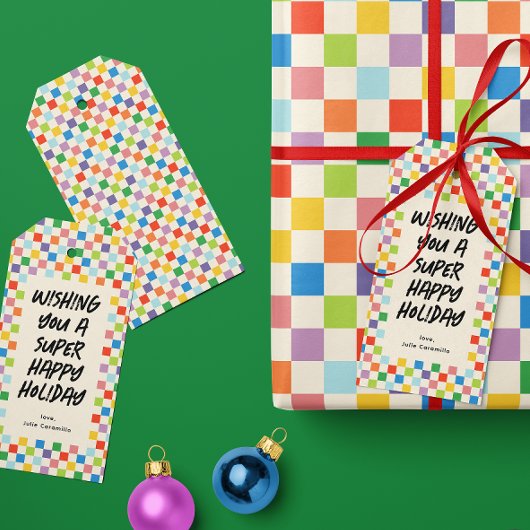 Heldere Kleurrijke Checkerboard Fun Custom Cadeaulabel