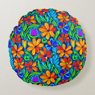 Heldere kleurrijke folk art bloemen rond kussen