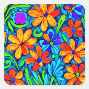 Heldere kleurrijke folk art bloemen vierkante sticker