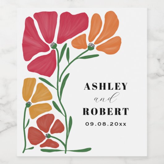 Heldere & kleurrijke Nouveau Floral bruiloft Wijn Etiket (Enkel label)