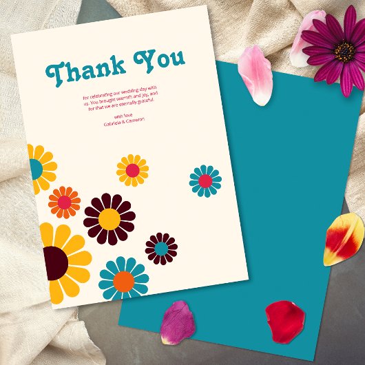 Heldere kleurrijke Retro Daisy bruiloft Bedankkaart