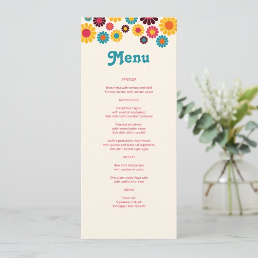 Heldere kleurrijke Retro Daisy bruiloft Menu (Staand voorkant)