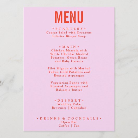 Heldere kleurrijke retro vet funky moderne bruilof menu (Voorkant)