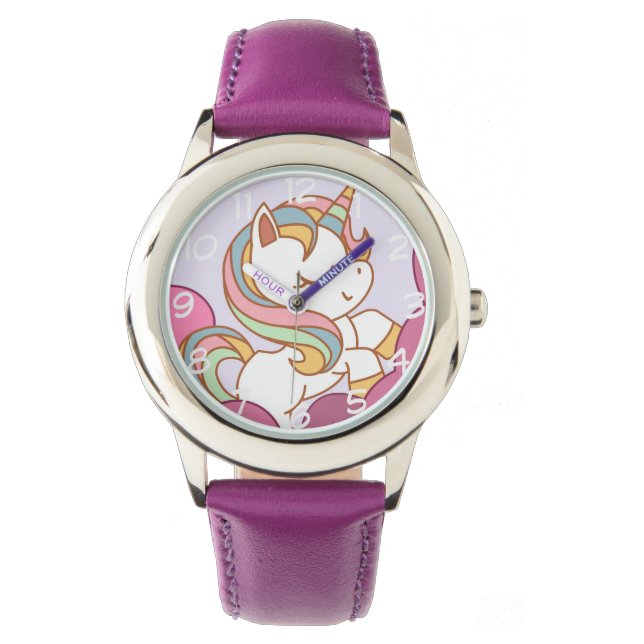 Heldere kleurrijke Unicorn en regenbooghaar Horloge (Voorkant)