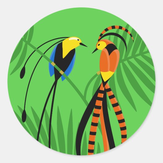 Heldere kleurrijke vogels van het paradijs op groe ronde sticker (Voorkant)