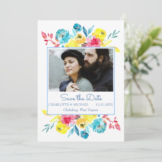Heldere kleurrijke Waterverf Floral Save the Date (Staand voorkant)