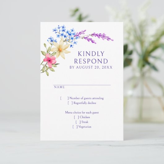 Heldere levendige kleuren Wildflower Wedding RSVP Kaartje (Staand voorkant)