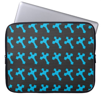 Heldere Neon Blue Crosses op een zwart weefsel Laptop Sleeve