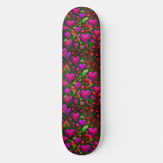 Heldere Neon Roze Harten en Groene Bloemen Skateboard (Voorkant)