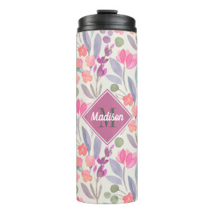 Heldere Pastels Bloemenpatroon met Monogram Thermosbeker