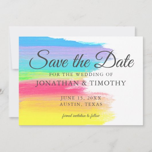 Heldere regenboog vrolijk modern save the date (Voorkant)