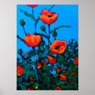 Heldere rode papavers: Blauwe hemel: Olieverf Poster