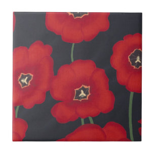 Heldere rode tulpen op zwarte, keramische Tegels Tegeltje