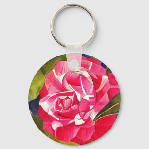 Heldere roze Camellia waterverf kunstbloem Sleutelhanger