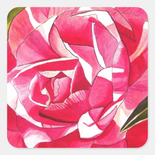 Heldere roze Camellia waterverf kunstbloem Vierkante Sticker (Voorkant)
