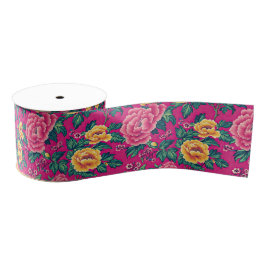 Heldere roze en gele Chinoiserie Bloemen Grosgrain Lint