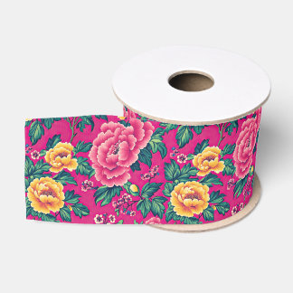 Heldere roze en gele Chinoiserie Bloemen Grosgrain Lint