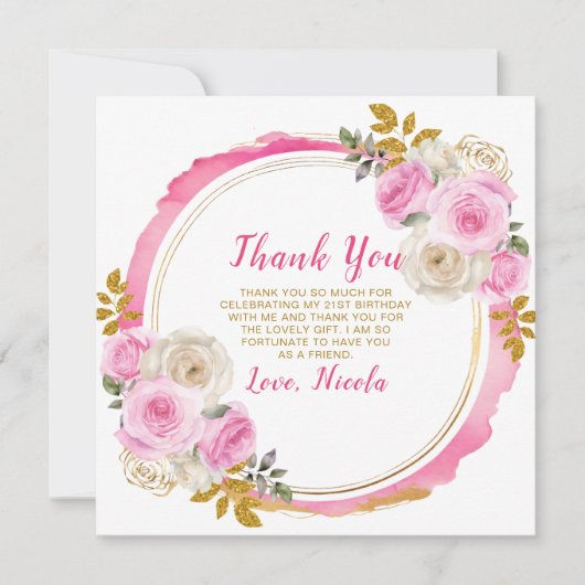 Heldere roze en gouden elegante bloemen Verjaardag Bedankkaart (Voorkant)