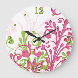 Heldere roze, groene, witte, Floral Wall Klock Grote Klok