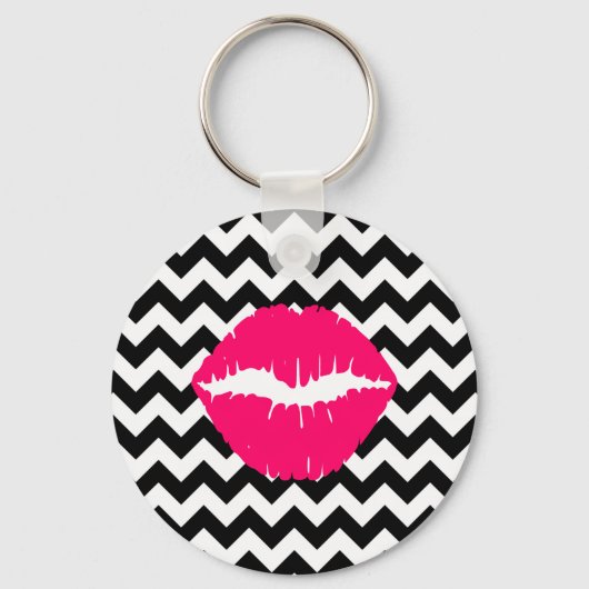 Heldere roze lichten op zwarte en witte zigzag sleutelhanger (Voorkant)