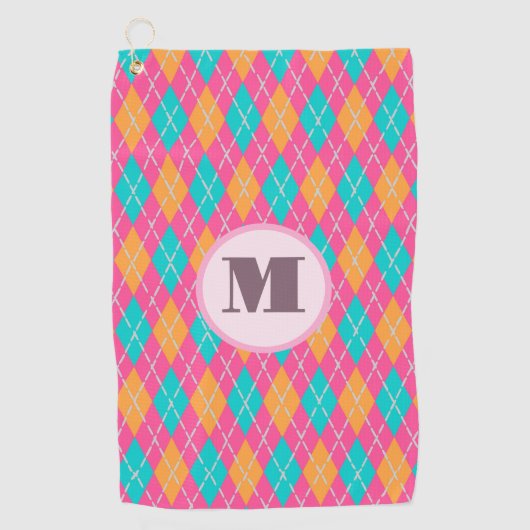 Heldere roze preppy argyle aangepaste monogram dam golfhanddoek (Voorkant)