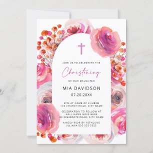 Heldere roze Waterverf Floral Arch Christening IV Kaart