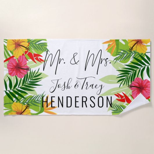 Heldere Tropische bloemen en bladeren Mr en Mrs. Strandlaken (Voorkant)