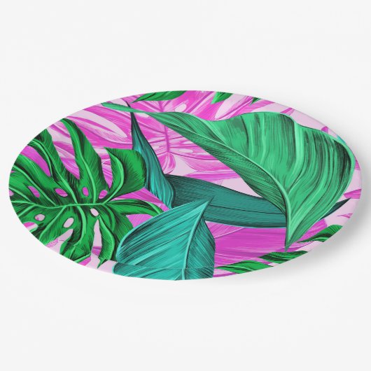 Heldere tropische roze en groene bladeren papieren bordje (Gekanteld)