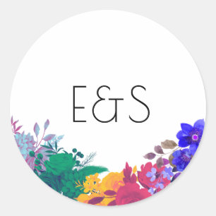 Heldere veelkleurige bloemenbruiloft ronde sticker