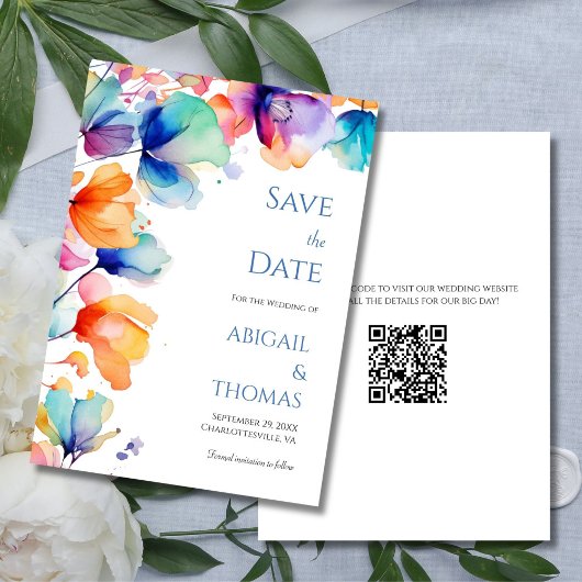 Heldere Waterverf Bloemen Moderne QR Code Trouwen Save The Date