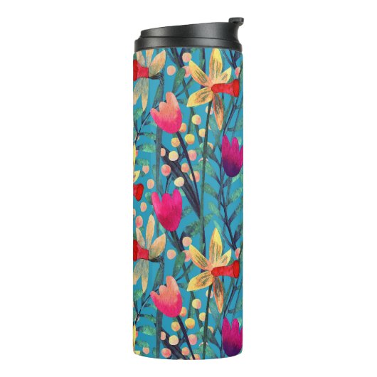 Heldere Waterverf: bloemnaadloos ontwerp. Thermosbeker (Gedraaid links)