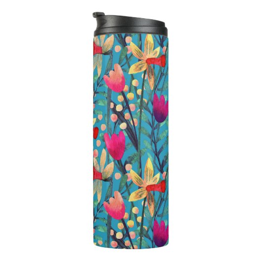 Heldere Waterverf: bloemnaadloos ontwerp. Thermosbeker (Geroteerd rechts)