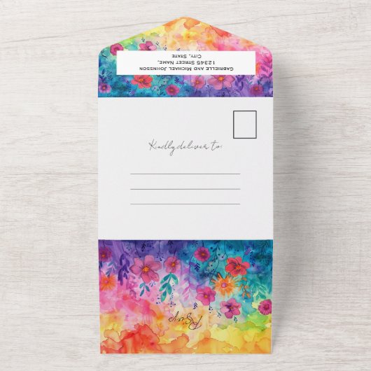 Heldere Waterverf Gradient Meadow Flowers Bruiloft All In One Uitnodiging (Buitenkant)