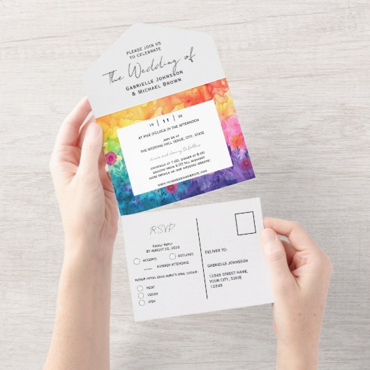 Heldere Waterverf Gradient Meadow Flowers Bruiloft All In One Uitnodiging (Afscheurbaar)