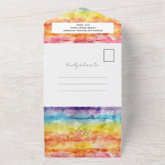 Heldere Waterverf Gradient Rainbow Gay Wedding All In One Uitnodiging (Buitenkant)