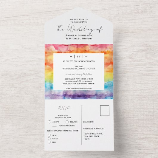 Heldere Waterverf Gradient Rainbow Gay Wedding All In One Uitnodiging (Binnen)