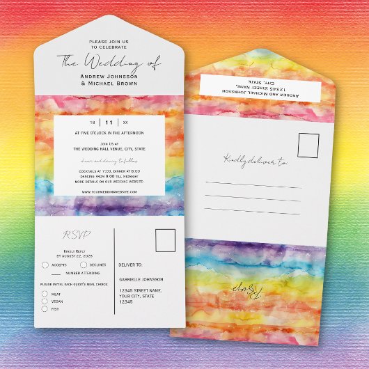 Heldere Waterverf Gradient Rainbow Gay Wedding All In One Uitnodiging